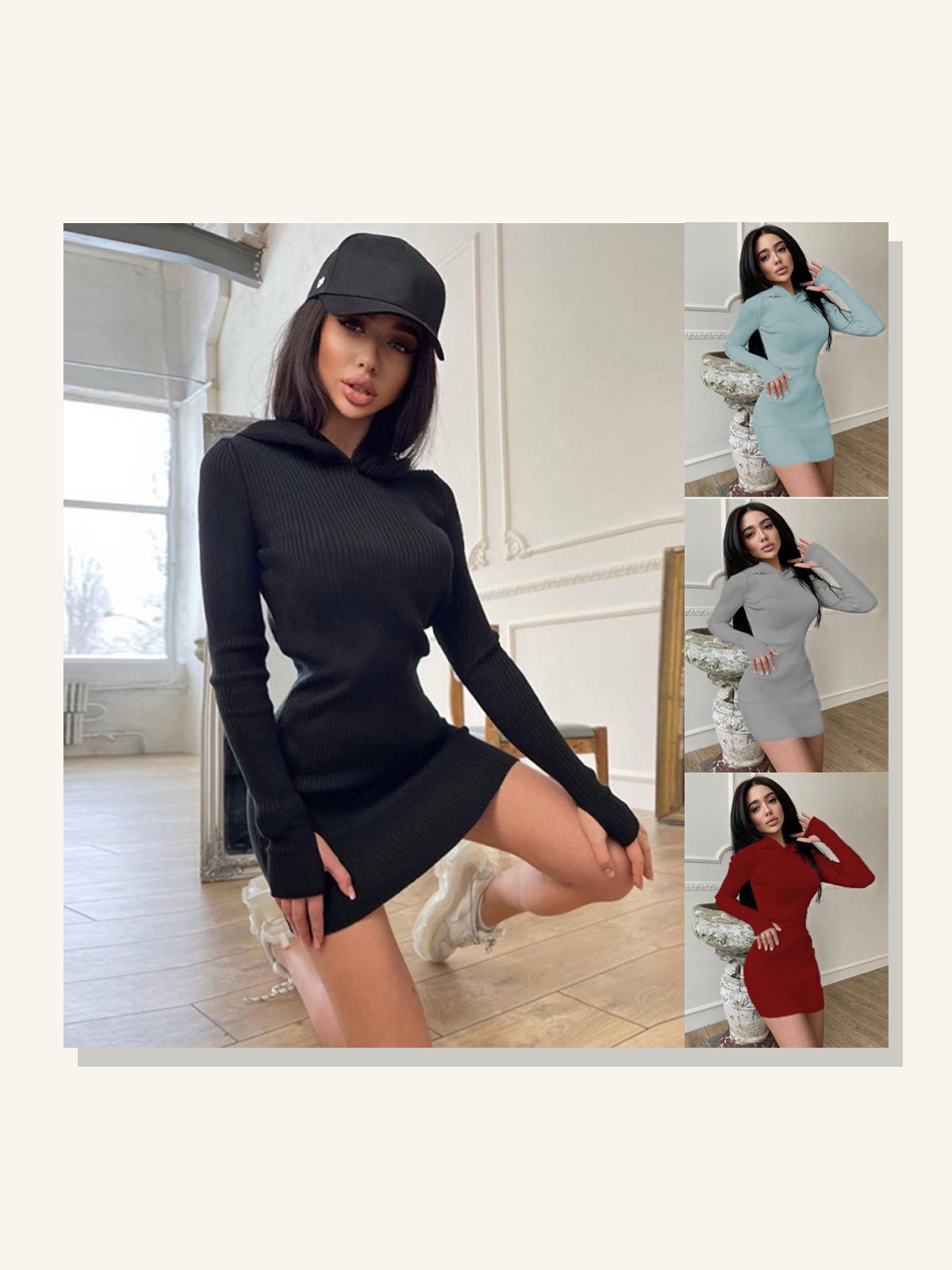 Hooded Long-Sleeve Woolen Dress solid studio product photo for Velvet Souk UAE