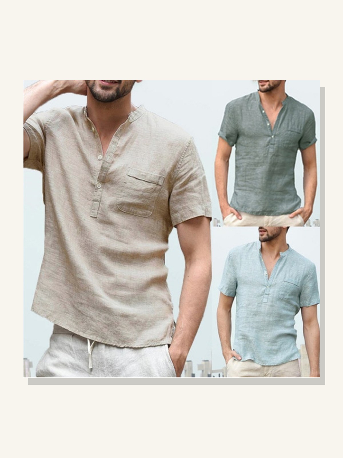 Men’s Linen V-Neck Beach Shirt solid studio product photo for Velvet Souk UAE